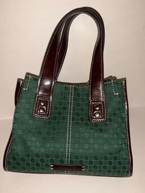VINTAGE NINE & CO MINI TOTE BAG Emerald Green Handbag w/ Brown Trim TOP HANDLES